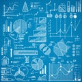 Business charts, graphs, stats doodles set on blue background