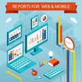 Business charts and reports on web pages, mobile apps. Flat isometric vector concept