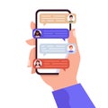 Business chat screen. Hand holding phone with group messages, social networking and communication concept flat vector illustration Royalty Free Stock Photo