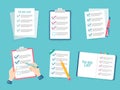 Business checklist. Priority list checks, check mark list and checking paper to do checklists flat vector illustration