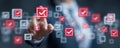 Business checklist selection interface touchscreen hand technology success digital business checklist interface with hand Royalty Free Stock Photo