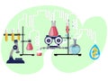 Business chemistry, chemical reaction profits. In minimalist style Cartoon flat Vector