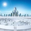 Business cityscape with labyrinth and sun