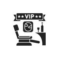 Business class flight glyph black icon. Comfortable passenger seat in airplane. Luxury service element. Sign for web page, mobile