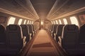 Business class in plane empty interior. Private jet or luxury airplane cabin inside view with comfortable seats
