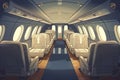 Business class in plane empty interior. Private jet or luxury airplane cabin inside view with comfortable seats