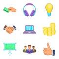 Business client support icon set, cartoon style