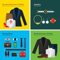 Business clothes. Male and female office wardrobe business style skirt suit jacket hat bag and self items vector concept