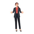 Business coach woman with public speaking headset leads training giving tips for success and self-confidence. Girl leading Royalty Free Stock Photo