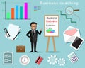 Business Coaching infographic. Man with board and different business elements