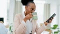 Business, coffee and black woman with phone in office for social media, text or communication. Smartphone, search and