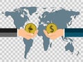 Business coin concept.exchange coins dollar to ethereum by hand to hand on background map world, transparent background. Ill