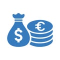 Business, coin stacks, money icon. Blue color vector