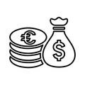 Business, coin stacks, money line icon. Outline vector