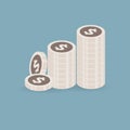 Business. coins. Money vector illustration, flat coin money stacked icon flat, white penny cash pile. symbol. on blue background.