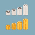 Business. coins. Money vector illustration, flat coin money stacked icon flat, white and Golden penny cash pile. symbol. on blue