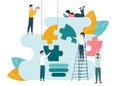 Business collaboration and innovation. People building light bulb from puzzle pieces, vector illustration in flat style