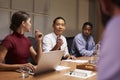 Business colleagues in discussion at a meeting, close up