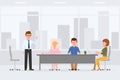 Business meeting at office, talking, sitting at table, hand writing, typing vector illustration. Busy men, women cartoon character Royalty Free Stock Photo