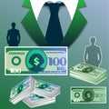Business colored background with Silhouette of a businessman and bundle of dollars