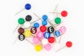 Business, colorful paper pins with conceptual words. Notice, white, title & design.