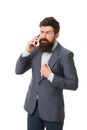 Business communication. bearded businessman in formal suit. Agile business. mature man. man speaking on phone. success Royalty Free Stock Photo