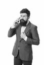 Business communication. bearded businessman in formal suit. Agile business. mature man. man speaking on phone. success