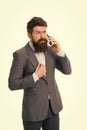 Business communication. bearded businessman in formal suit. Agile business. mature man. man speaking on phone. success Royalty Free Stock Photo