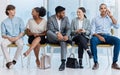 Business communication, team conversation and talking of corporate staff waiting for an interview. Happy discussion of Royalty Free Stock Photo