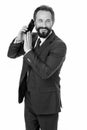 Business communications. Wait a minute. Busy with conversation. Businessman formal suit holds smartphone. Man bearded