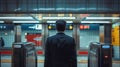 Business Commute: Man Awaiting Train in Modern Subway Station. Generative ai Royalty Free Stock Photo