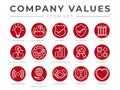 Business Company Core Values Outline Icon Set. Innovation, Leadership, Security, Reliability, Legal, Accountability, Simplicity, Q