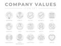 Business Company Core Values Outline Light Gray Icon Set. Innovation, Stability, Security, Reliability, Legal and Sensitivity,