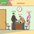 Business company roles situation infographics with boss, secretary and customer shaking hands at work