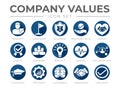 Business Company Values Flat Round Icon Set. Integrity, Leadership, Boldness, Value, Respect, Quality, Teamwork, Positivity,