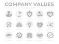 Business Company Values Round Gray Icon Set. Integrity, Leadership, Boldness, Value, Respect, Quality, Teamwork, Positivity,