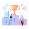 Business Competition Concept. Tiny Businessperson Characters Climbing on Pedestal with Golden Goblet on Top