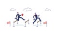 Business competition concept. Two businessmen competitors running and jumping over hurdles