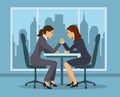 Business competition concept . Two businesswoman, employee arm wrestling in the office vector illustration