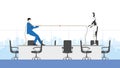 Business competition and cyber technology confrontation concept. A businessman and a robot fight tug of war rope in an office