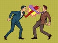 Business competition duel, businessmen fight with ties