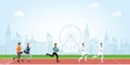 Business competition with human and Artificial Intelligence cartoon on athletic track on city view background Royalty Free Stock Photo