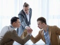 Business competition arm wrestling focused men hands Royalty Free Stock Photo