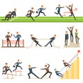Business Competition Set Of Illustrations With Businessman Running And Competing In Sports