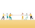 Business competition vector concept with teams in tug of war pulling rope. Symbol of competitive fight, struggle, challenge for Royalty Free Stock Photo