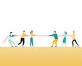 Business competition vector concept with teams in tug of war pulling rope. Symbol of competitive fight, struggle, challenge for Royalty Free Stock Photo