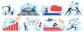 Business competition vector illustration, cartoon flat people run to finish line in race, business man and woman pulling