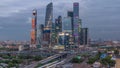 Business complex of skyscrapers Moscow city day to night timelapse.