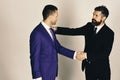 Business and compromise concept. Executives shake hands in agreement on light grey background. Royalty Free Stock Photo