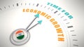 Time for economic growth words on clock face. Flag of India Royalty Free Stock Photo